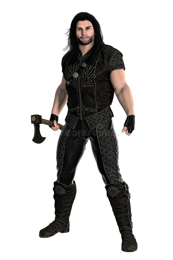 3D digital rendering of a male fantasy medieval ranger or nobleman holding an axe blade weapon. Particularly suited to book cover art and design in the historical and highlander romance, fantasy, elven genres. Isolated on a white background. One of a series. 3D digital rendering of a male fantasy medieval ranger or nobleman holding an axe blade weapon. Particularly suited to book cover art and design in the historical and highlander romance, fantasy, elven genres. Isolated on a white background. One of a series